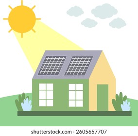 Solar panel house vector – eco-friendly home with clean energy and renewable power for environmental designs