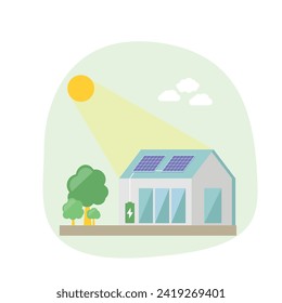 Solar panel house vector illustration. Self-sufficient house with solar panels on the roof. Flat style.