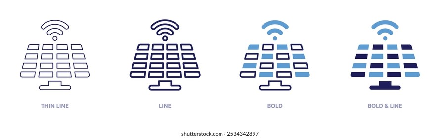 Icono del panel solar en 4 estilos diferentes. Línea delgada, línea, negrita y línea negrita. Estilo duotono. Trazo editable.