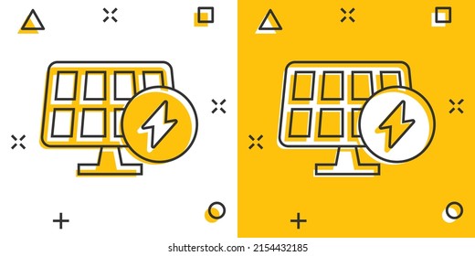 Solar panel icon in comic style. Ecology energy cartoon vector illustration on white isolated background. Electrician splash effect sign business concept.