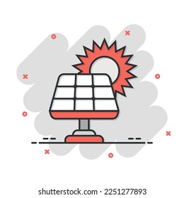 Solar panel icon in comic style. Ecology energy cartoon vector illustration on white isolated background. Electrician splash effect sign business concept.