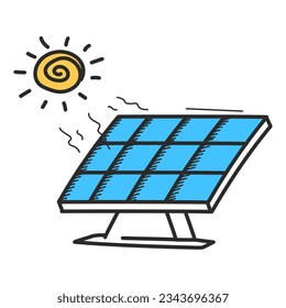Solar panel icon in doodle style vector isolated. Illustration of an ecology friendly technology. Alternative electrical power. Symbol of sun and solar panel.
