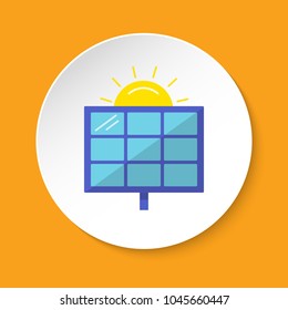 Solar panel icon in flat style on round button. Alternative renewable energy source symbol isolated on white.