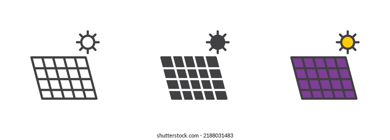 Solar panel icon. Line, glyph and filled outline colorful version, solar battery outline and filled vector sign. Symbol, logo illustration. Different style icons set. Vector graphics