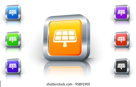 Solar Panel Icon on 3D Button with Metallic Rim Original Illustration