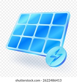 Solar panel icon with a power symbol. Clean energy, renewable source, and eco-friendly power concept. Isolated on transparent background. 3D vector illustration.