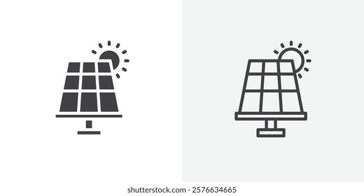 Solar panel icon set in black flat solid and outlined style.