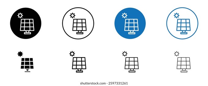Solar panel icon set in black and blue colors on white background