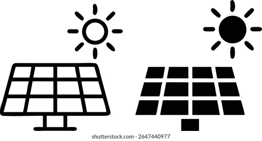 Conjunto de iconos de paneles solares: Ilustración vectorial de símbolos de energía renovable en blanco y negro