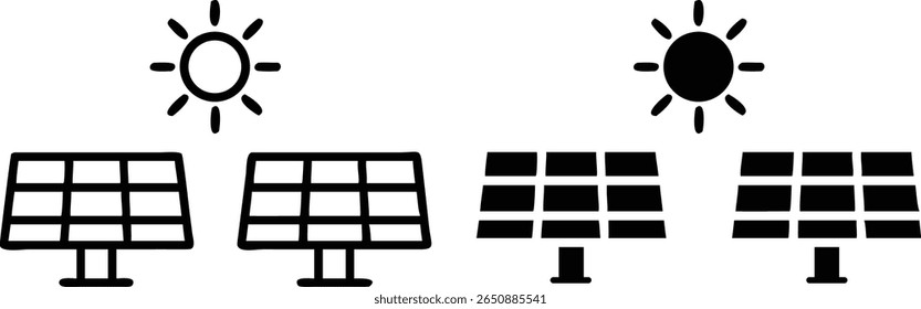 Solar Panel Icon Set – Black and White Vector Renewable Energy Symbols with Sun and Photovoltaic Cells