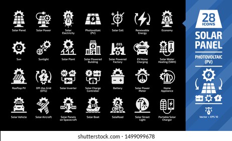 Solar panel icon set in dark mode with sun power photovoltaic (PV) home system and renewable electric energy technology glyph symbols: sunlight, plant, powered building & factory.