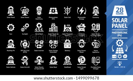 Solar panel icon set in dark mode with sun power photovoltaic (PV) home system and renewable electric energy technology glyph symbols: sunlight, plant, powered building & factory.