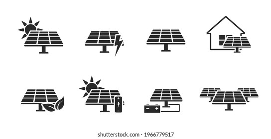 solar panel icon set. eco friendly power industry. sustainable, renewable and alternative energy symbols. isolated vector images