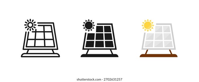 Conjunto de ícones do painel solar. Produção de eletricidade a partir de painéis solares. Energia renovável e tecnologia verde. Para campanhas ambientais, projetos ecológicos e questões de sustentabilidade. Estilo de linha, glifo e plano