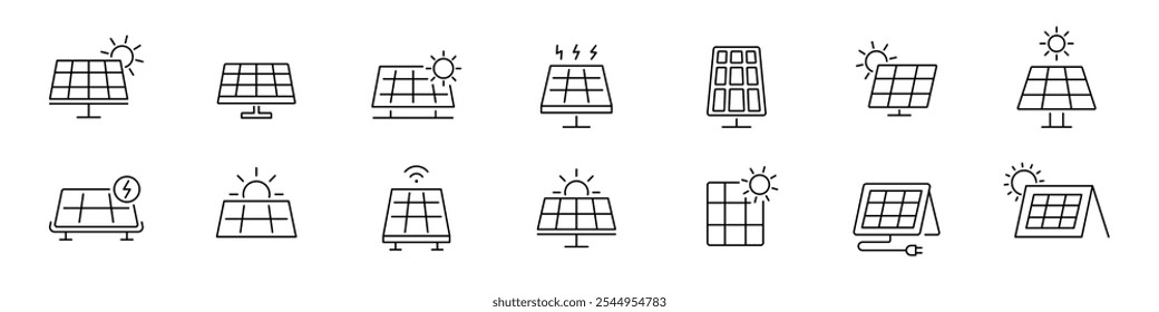 Conjunto de ícones do painel solar. Energia solar, ícones de linha de energia limpa. Ícones de energia renovável e alternativa. Vetor