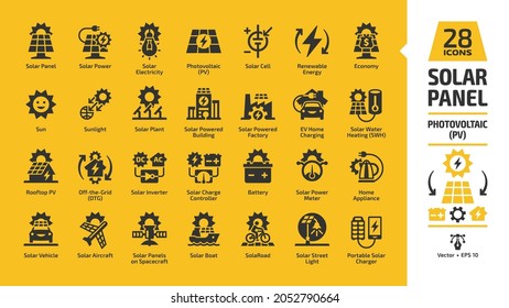 Solar Panel Icon Set On Yellow Background With Sun Power Photovoltaic (PV) System And Renewable Electric Energy Technology Symbols: House, Cell, Battery, Rooftop, Inverter, Charge Controller And Meter