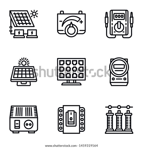 Solar panel icon set.\
Outline set of 9 solar panel vector icons for web design isolated\
on white background