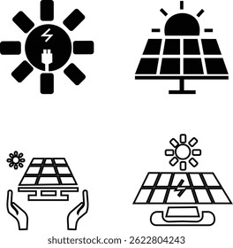 Solar panel icon set. power energy. electricity Simple renewable energy solutions cells icon Home, roof pattern. Sun energy battery. environmentally friendly, editable stroke transparent background