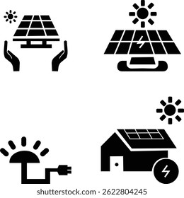Solar panel icon set. power energy. electricity Simple renewable energy solutions cells icon Home, roof pattern. Sun energy battery. environmentally friendly, editable stroke transparent background