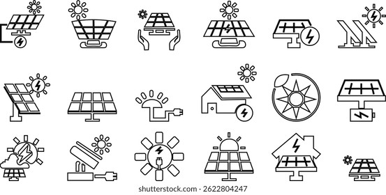 Solar panel icon set. power energy. electricity Simple renewable energy solutions cells icon Home, roof pattern. Sun energy battery. environmentally friendly, editable stroke transparent background