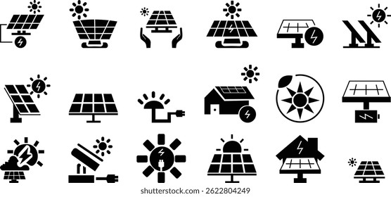 Solar panel icon set. power energy. electricity Simple renewable energy solutions cells icon Home, roof pattern. Sun energy battery. environmentally friendly, editable stroke transparent background