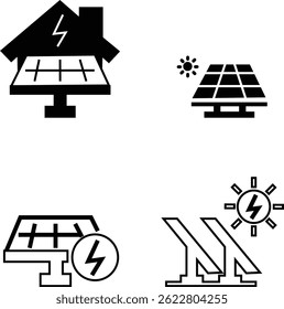 Solar panel icon set. power energy. electricity Simple renewable energy solutions cells icon Home, roof pattern. Sun energy battery. environmentally friendly, editable stroke transparent background