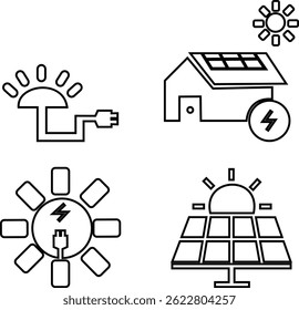 Solar panel icon set. power energy. electricity Simple renewable energy solutions cells icon Home, roof pattern. Sun energy battery. environmentally friendly, editable stroke transparent background