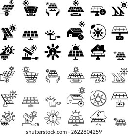 Solar panel icon set. power energy. electricity Simple renewable energy solutions cells icon Home, roof pattern. Sun energy battery. environmentally friendly, editable stroke transparent background