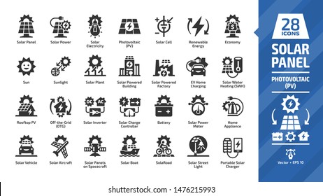 Solar panel icon set with sun power photovoltaic (PV) home system and renewable electric energy technology glyph symbols: house, cell, battery, rooftop, inverter, charge controller and meter.