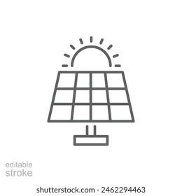 Solar panel icon. Simple outline style. Photovoltaic, sun, installation, roof, generator, heat, sunlight, renewable energy concept. Thin line symbol. Vector illustration isolated. Editable stroke.