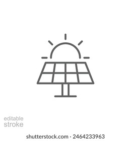 Solar panel icon. Simple outline style. Photovoltaic, sun, installation, roof, generator, heat, sunlight, renewable energy concept. Thin line symbol. Vector illustration isolated. Editable stroke.