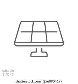 Solar panel icon. Simple outline style. Solar power, sun, renewable energy, cell, heat, light, battery, electric, technology concept. Thin line symbol. Vector illustration isolated. Editable stroke.
