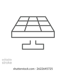 Icono del panel solar. Estilo de contorno simple. Energía solar, sol, energía renovable, célula, calor, luz, batería, eléctrico, concepto de tecnología. Símbolo de línea delgada. Ilustración vectorial aislada. Trazo editable.