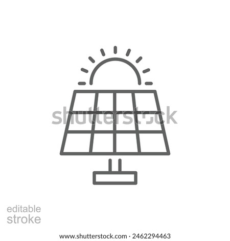 Solar panel icon. Simple outline style. Photovoltaic, sun, installation, roof, generator, heat, sunlight, renewable energy concept. Thin line symbol. Vector illustration isolated. Editable stroke.