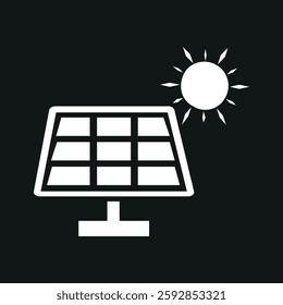  Solar panel icon with a sun in the upper right corner. The icon is made in a minimalist black and white style.