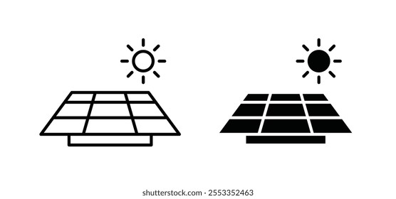 Iconos del panel solar en estilo relleno y delineado negro