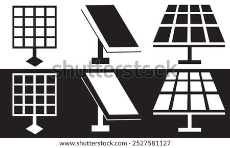  Solar panel icons. Green electric power energy icon. Ecology, electricity, and renewable energy signs and symbol. isolated on white and black background. Vector illustration EPS 10