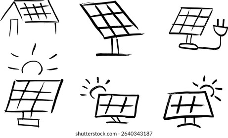 Solar Panel Icons Ink Brush Stroke Drawing Vector Set