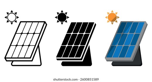Solar panel icons in outline, solid, and color styles. Perfect for renewable energy, sustainability, and eco-friendly technology themes.