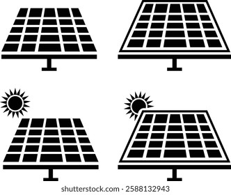 Solar panel icons set in black flat styles. Eco friendly power industry. Sustainable, renewable and alternative energy symbols vectors for graphic and web designs isolated on transparent background.