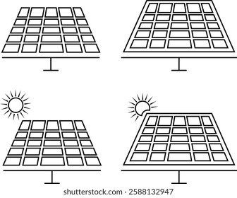 Solar panel icons set in black line styles. Eco friendly power industry. Sustainable, renewable and alternative energy symbols vectors for graphic and web designs isolated on transparent background.