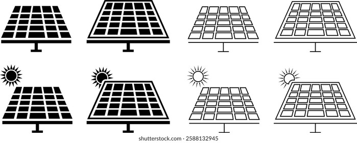 Solar panel icons set in flat and line styles. Eco friendly power industry. Sustainable, renewable and alternative energy symbols vectors for graphic and web design isolated on transparent background.