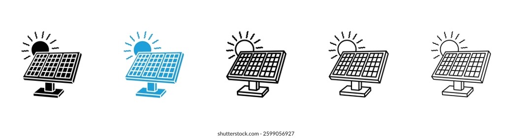 Solar panel icons vector illustrations in black and blue colors for web and ui designs