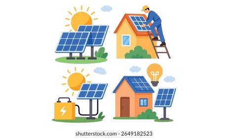 Solar Panel Illustration – Clean Energy Concept Featuring Solar Power Technology, Eco-Friendly Electricity Generation, and Sustainable Green Energy Solutions Battery Charge