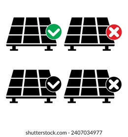 solar panel illustration icon with accept and refuse or clear and red mark sign