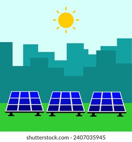 ilustración de panel solar con tres paneles de piezas y educación de estilo de caricatura de fondo de pueblo