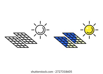 Ilustração do painel solar em dois estilos diferentes. Tema ambiental. Tecnologia ecologicamente correta, ilustração vetorial.