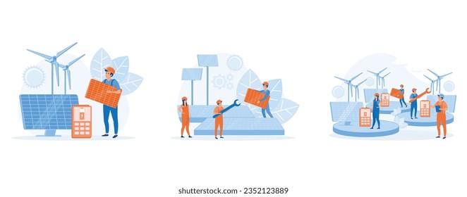 Solar panel installation concept, Installing solar modules. Scene with professional team and panels, set flat vector modern illustration