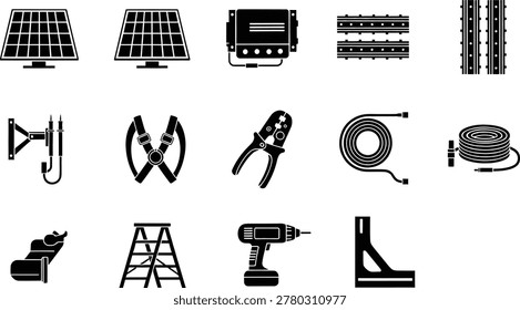 Solar panel installation icons collection with hardware tools energy equipment