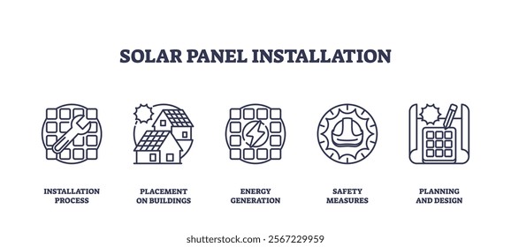 Solar panel installation icons show tools, buildings, and energy symbols. Outline icons set.